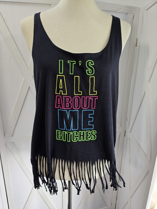 Spencer's Tops - Spencer's Black Fringe Tank Top with Neon Yellow Pink Blue Text (NWT)